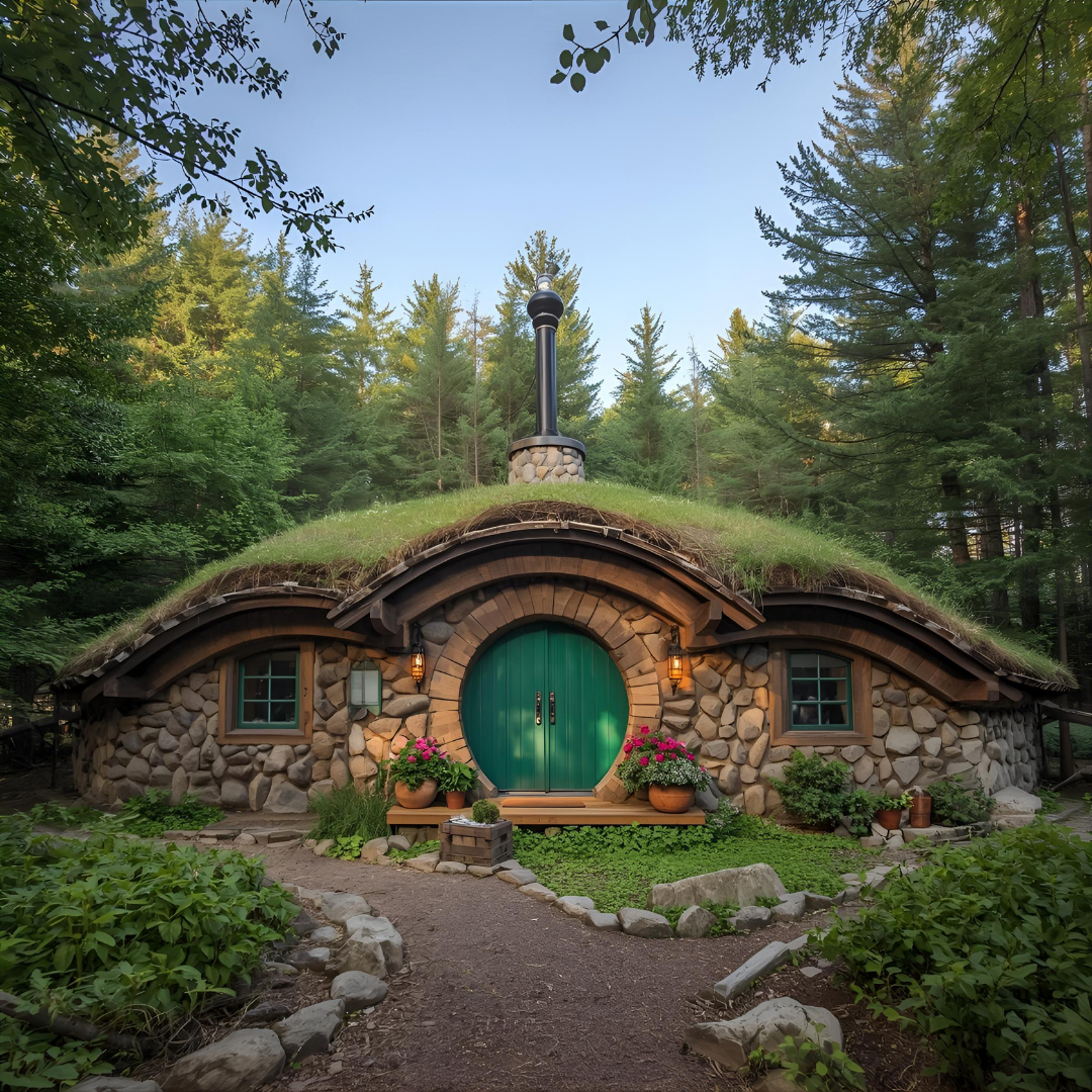 A unique geodesic dome house nestled in a lush green forest.